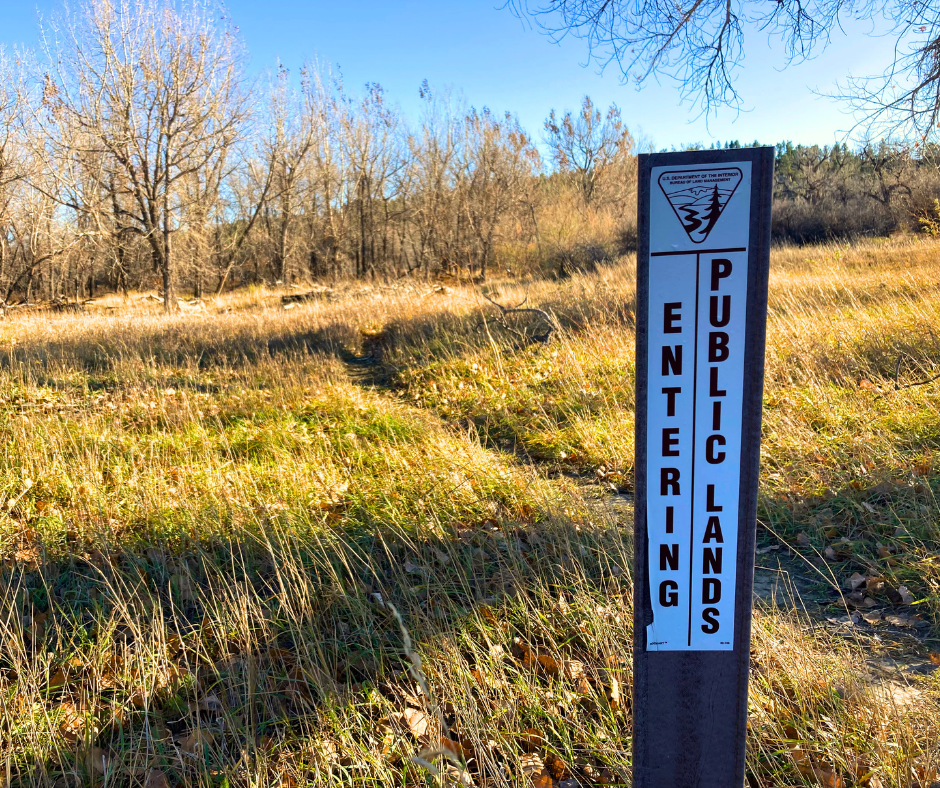Picture of outdoor landscape featuring a post that reads "Entering Public Lands"