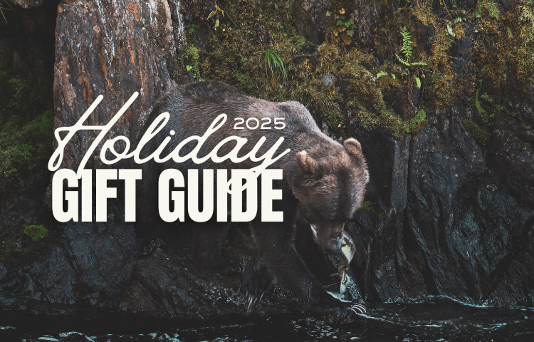 Bear eats a fish. "2025 Holiday Gift Guide" in white font.