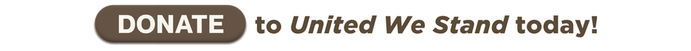 White and brown text. A button reads, "Donate," to United We Stand today!